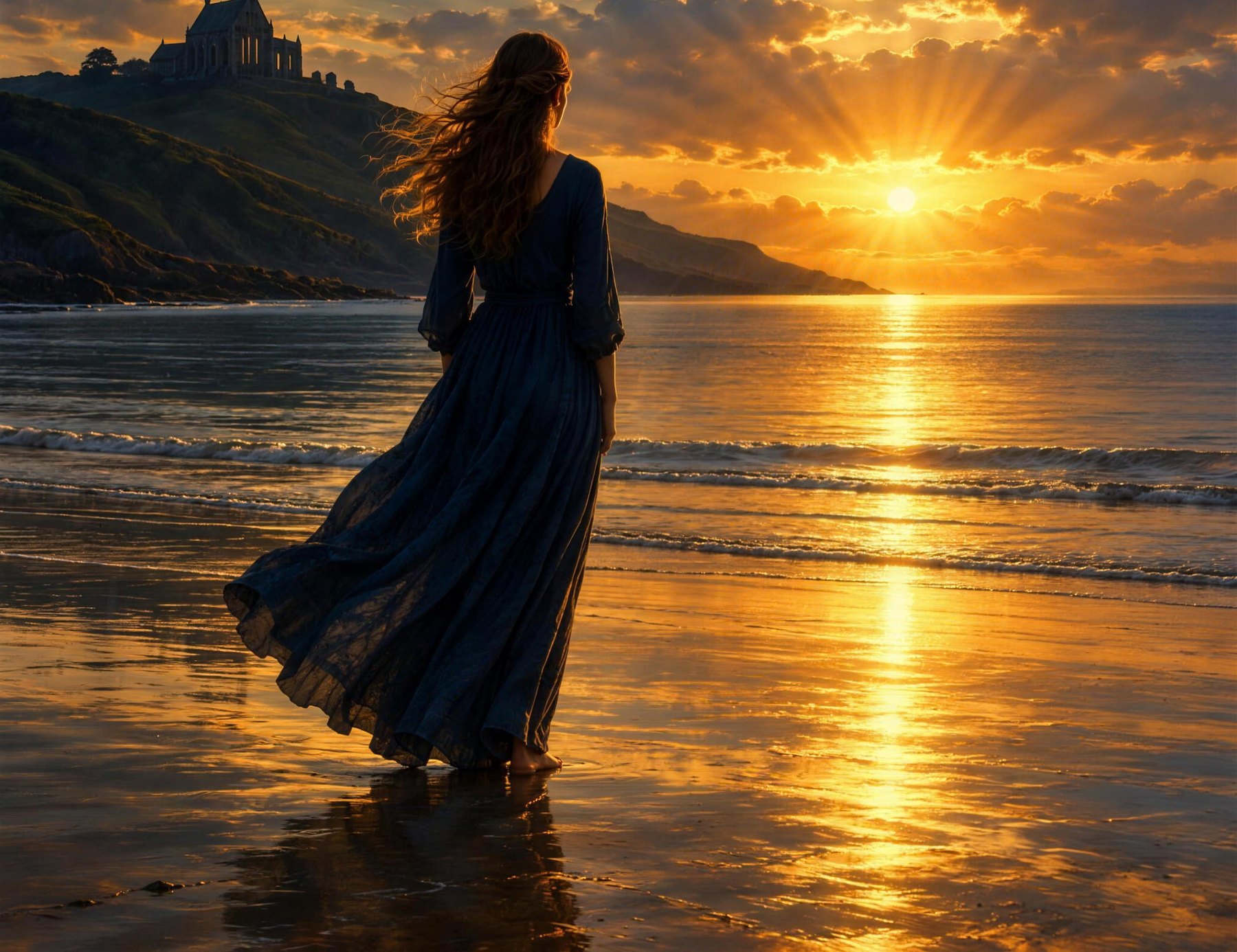 A woman on a beach at dawn, walking toward the sunrise, a chapel small on the hill behind her.
